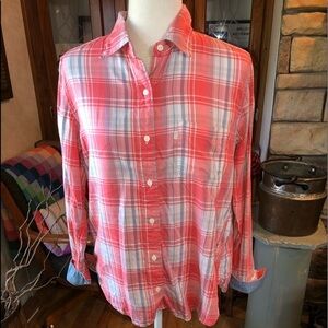 Levi’s size xsmall pink white and blue plaid shirt boyfriend fit